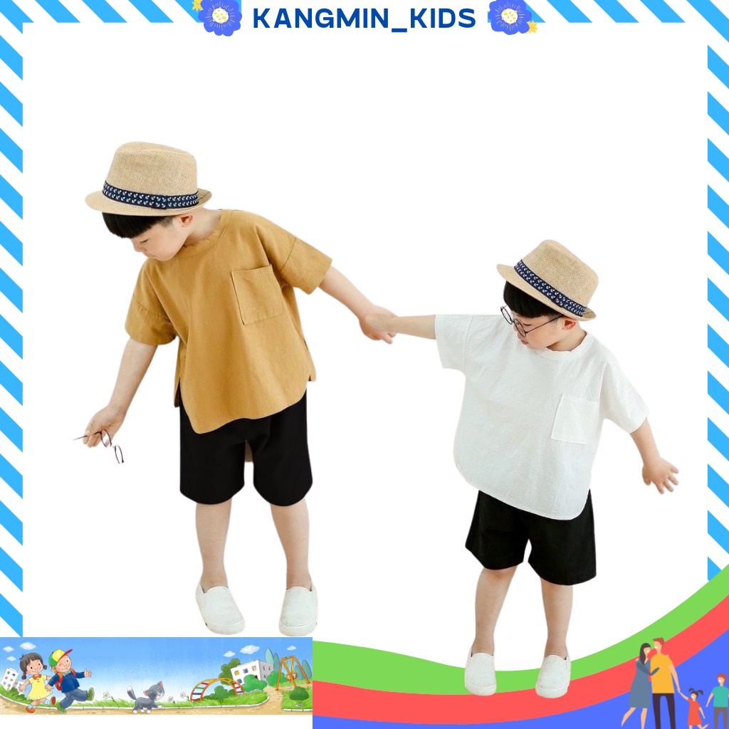 Đồ bé trai Kangminkids, quần áo bé trai chất đũi trơn Hàn Quốc xuất xịn QATE01, quần áo trẻ em từ 7-28kg