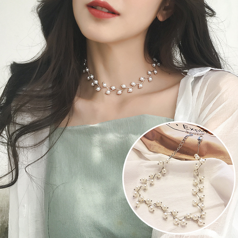 Korean Fashion Women Elegant Imitation Pearl Clavicle Necklace/ Simple Personality Beach Short Necklace/ Birthday Gift Jewelry