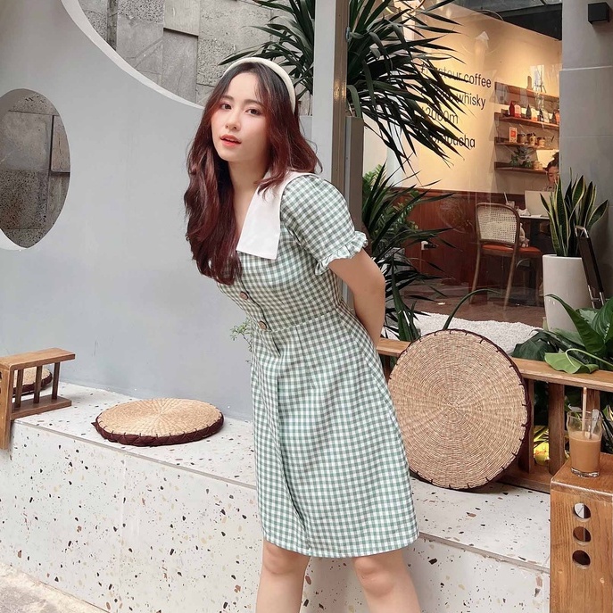 Đầm nữ caro xanh công sở thanh lịch cổ v trắng thiết kế xinh dễ thương chữ a tay ngắn thời trang đi làm đi chơi – Lux W