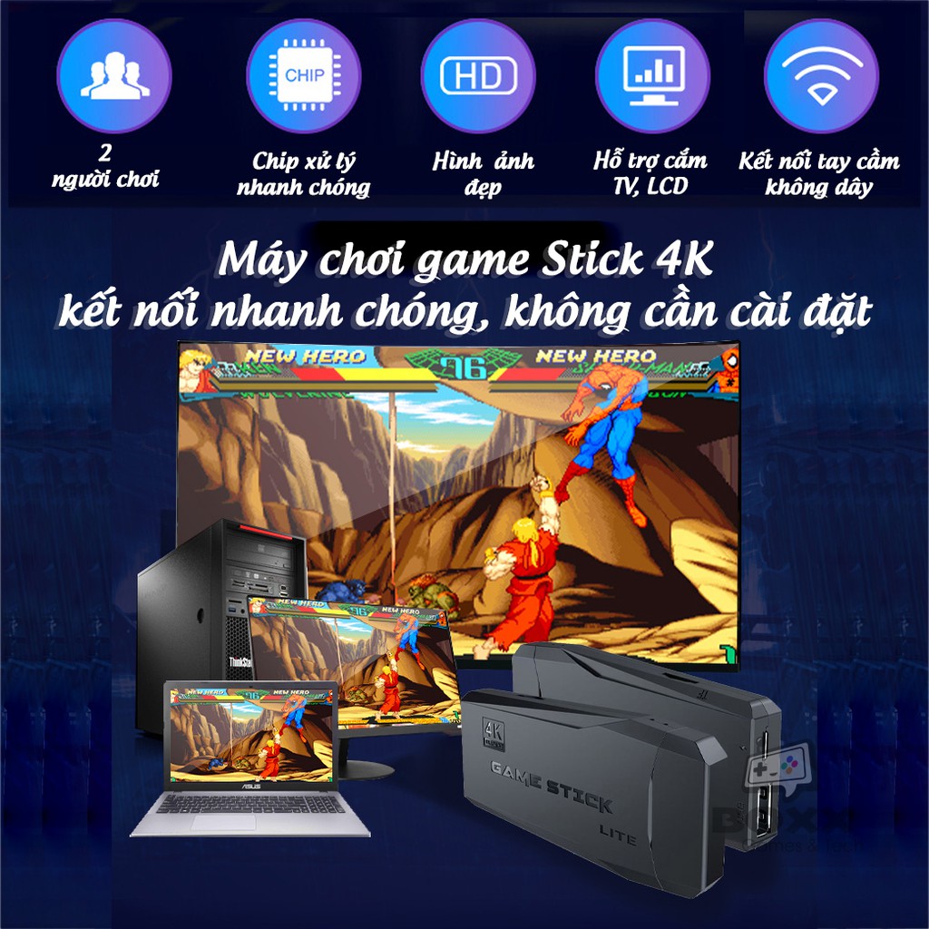 Máy chơi Game Stick 4k, máy điện tử 4 nút PS1, PSP, Nintendo, FC, Gameboy, NES, SNES, Game Thùng