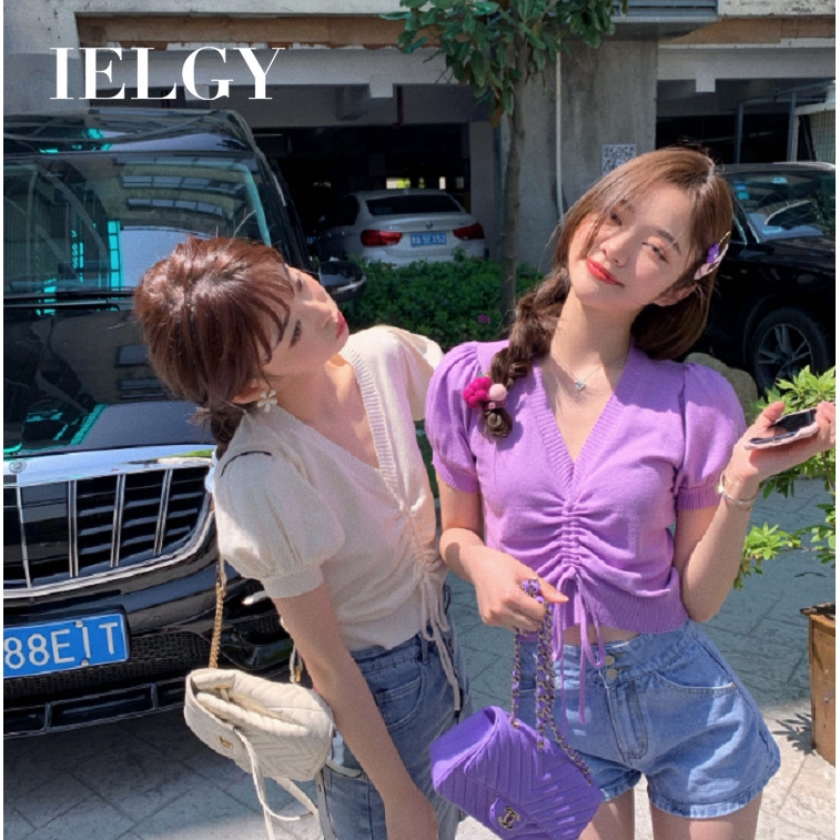 IELGY   Áo Croptop Dệt Kim Tay Phồng Ngắn Dáng Rộng Phối Dây Rút Cá Tính