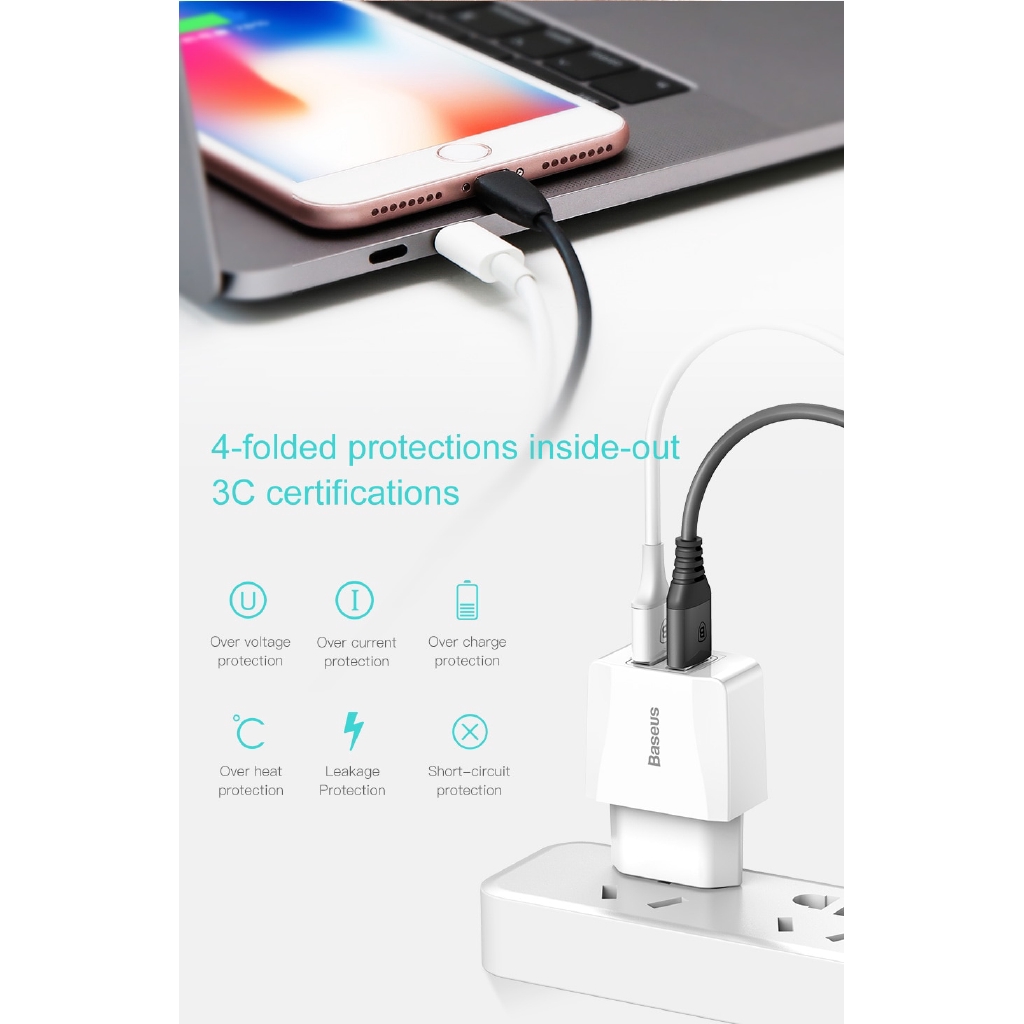 Củ Sạc Nhanh Baseus 2 Cổng USB Cho iPhone XS Max X 8 Samsung S10 S9 Xiaomi Mi