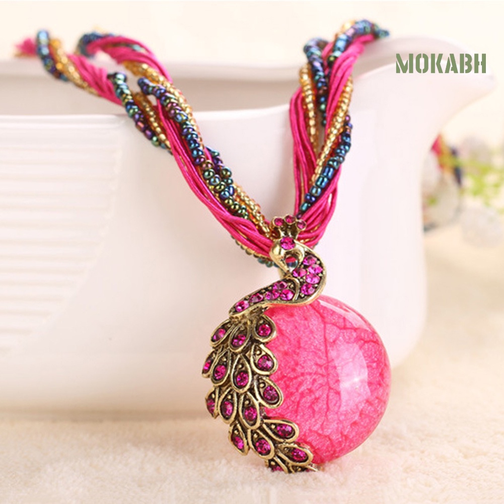 Vòng cổ Mặt Tròn Hình Chim Công Đính Đá Opal Nhân Tạo Phong Cách Bohemian