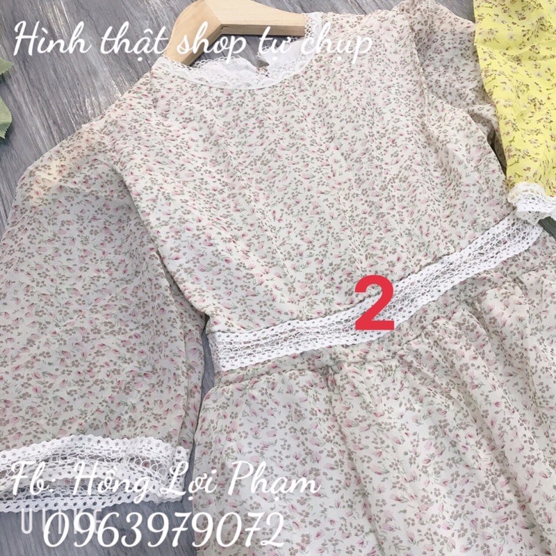 Đầm hoa nhí pha ren tay phồng đuôi cá