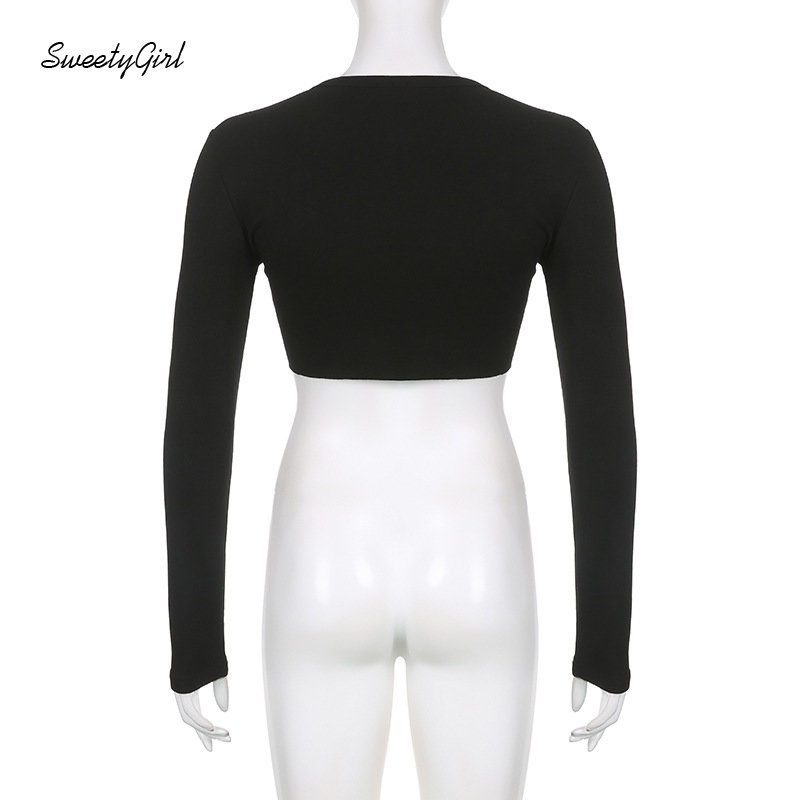 Áo Thun Crop Top Tay Dài Cổ Chữ V Màu Đen Trơn Cài Nút Thời Trang 2022 Quyến Rũ Cho Nữ