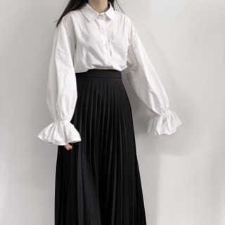 BASIC SHIRT + PLEATED MIDI SKIRT