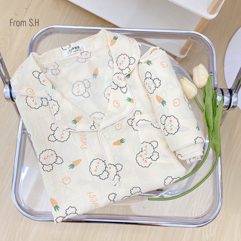 Bộ pijama thu đông mặc nhà nữ chất đũi xốp áo dài quần dài