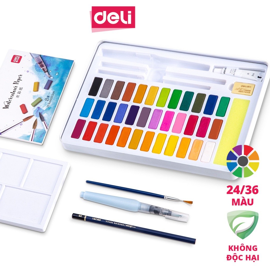 Màu nước dạng nén Deli - 12 màu/18 màu/24 màu - 73868 / 73869 / 73870
