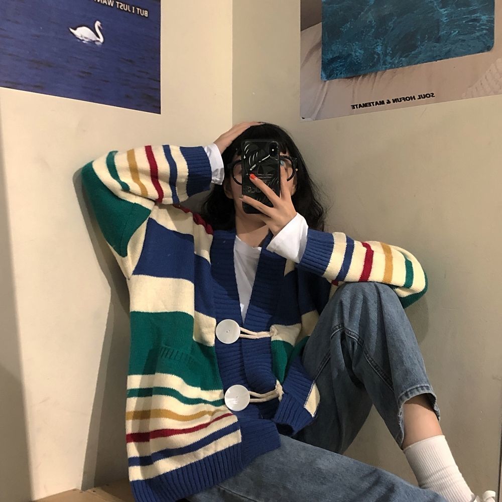 Áo khoác len cardigan dáng rộng họa tiết kẻ sọc ngang trẻ trung thời trang