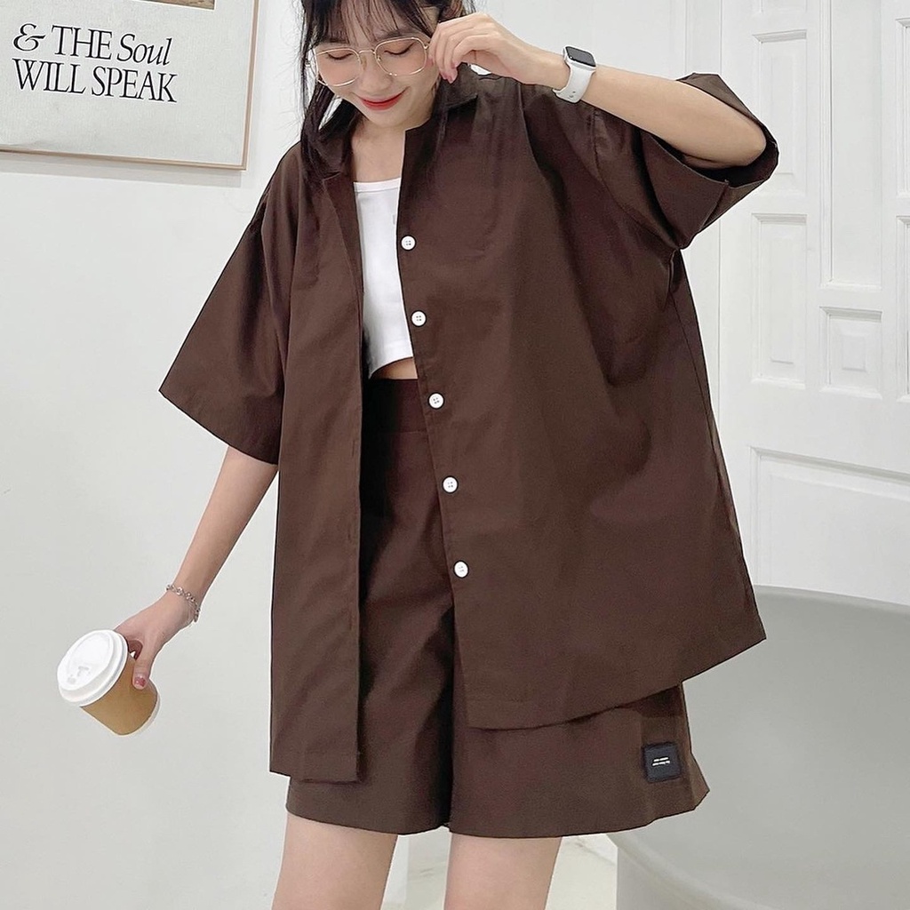 Set Bộ Nữ Đi Chơi JEM CLOSET Sơ Mi Tay Ngắn Phối Quần Short Ống Rộng Lưng Cao PRIM 8142