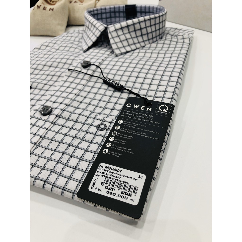 Áo sơ mi nam dài tay OWEN AR21049DT somi công sở vải sợi tre cao cấp màu kẻ caro xám nhạt dáng suông tà lượn có túi