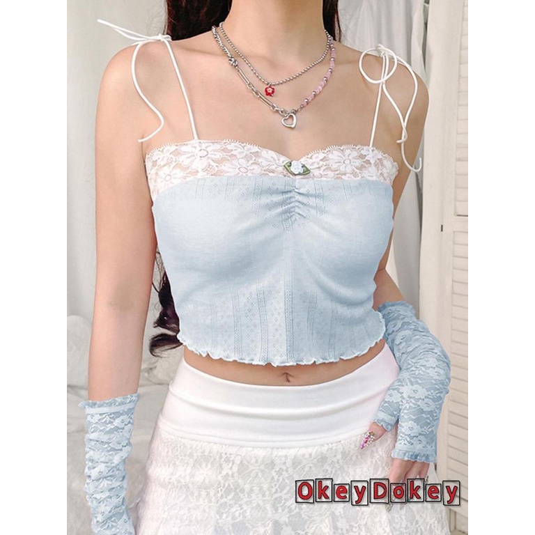 OKDK-y2k Women Sexy Crop Tops Tie Up Spaghetti Straps Lace Hem Decor Sleeveless Elastic