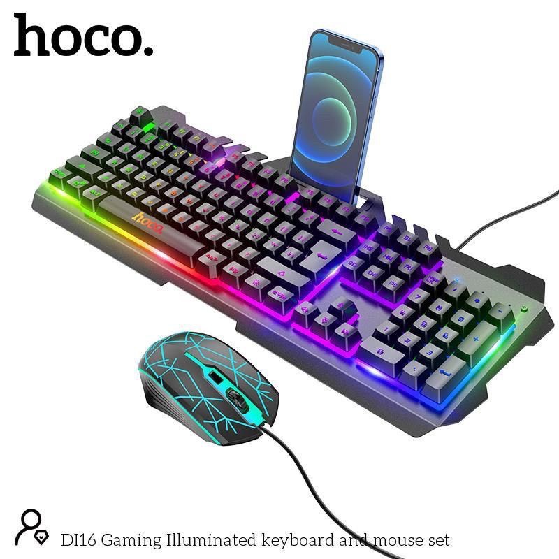 Bộ bàn phím và chuột Hoco Gaming DI16 phím cơ chuột DPI 1600 đèn Led đổi màu tích hợp khay điện thoại