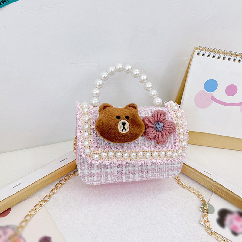 Túi đeo chéo mini đính hạt ngọc trai nhân tạo trang trí gấu/ thỏ hoạt hình đáng yêu dành cho trẻ em