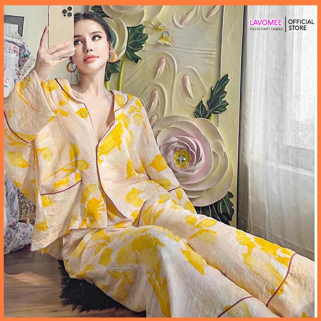 Đồ ngủ mặc nhà, Pyjama, Bộ ngủ nữ dài tay quần dài dáng cánh dơi, Họa tiết lá phong vang mùa thu, chất lụa đũi mềm