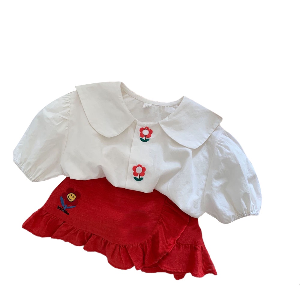 BEAR LEADER Bộ Áo Sơ Mi Cotton Lanh Thêu Hoa Hướng Dương + Chân Váy Thời Trang Mùa Hè Hàn Quốc Mới 2023 Cho Bé Gái