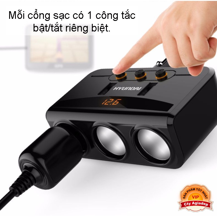 Bộ chia tẩu sạc oto xe hơi cao cấp hàng hiệu HYUNDAI (2 cổng USB, 3 cổng sạc) AHY29