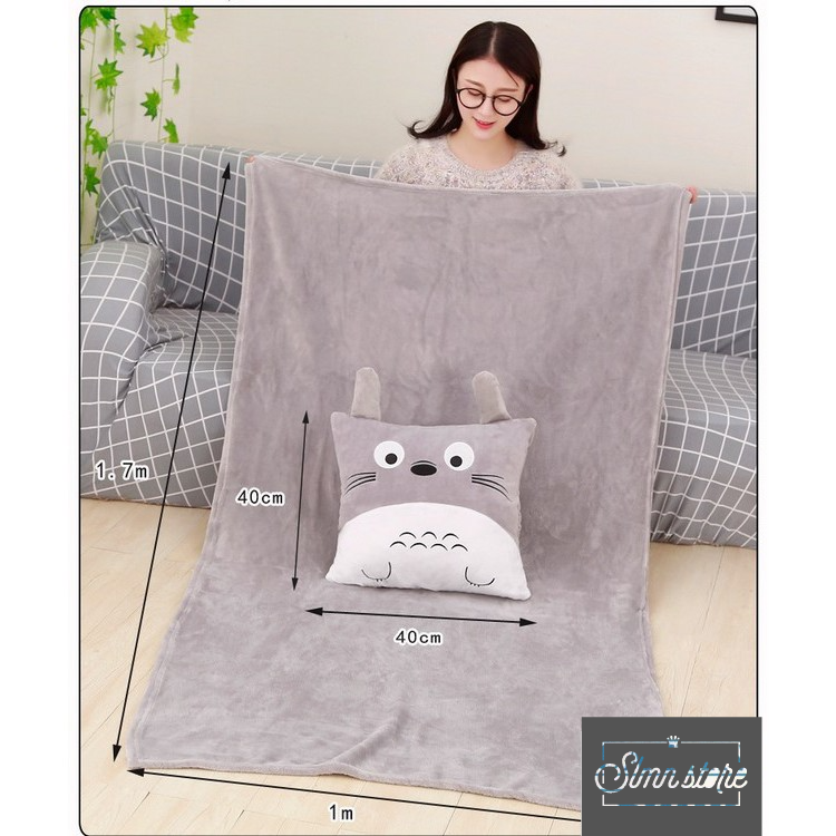 Gối mền 3 trong 1 Totoro vuông loại 1, nỉ nhung siêu mịn, bộ chăn gối văn phòng. SD2_GMTOTO_v