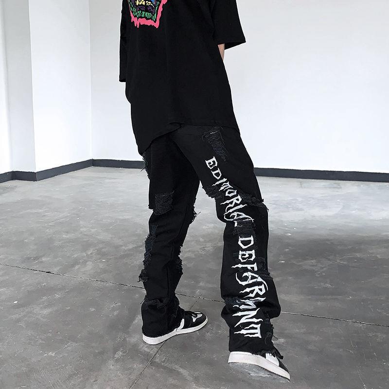 Quần Jean Rách Thêu Chữ Phong Cách Hip Hop Đường Phố Mỹ Cá Tính