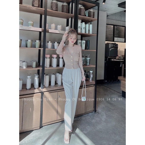 Áo len tăm cổ V khuy B vàng dáng dài tay thu đông