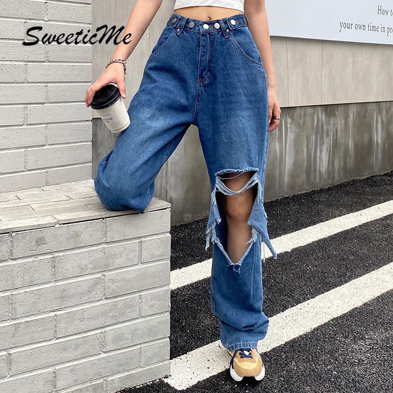 Quần Jean Dài Lưng Cao Ống Đứng Phối Rách Kiểu Đường Phố SweeticMe Thời Trang Đường Phố Cho Nữ