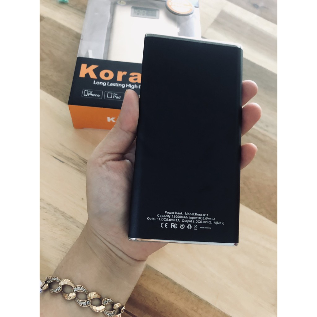 Pin sạc dự phòng KORACELL 12.000mAh, Có LCD hiển thị pin. HÀNG CHÍNH HÃNG BẢO HÀNH 12 tháng