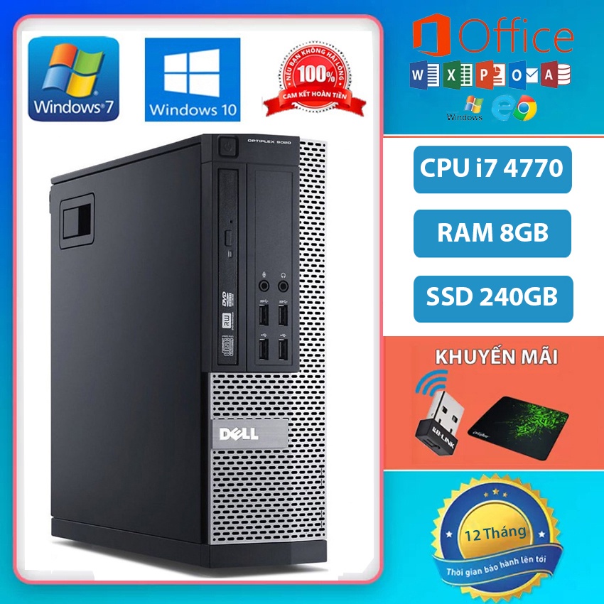 Máy Tính Để Bàn DELL Optiplex 9020 CPU i7 4770 Ram 8GB, Ổ cứng SSD 240GB Tặng USB Wifi, Lót Chuột - Bảo Hành 12 Tháng