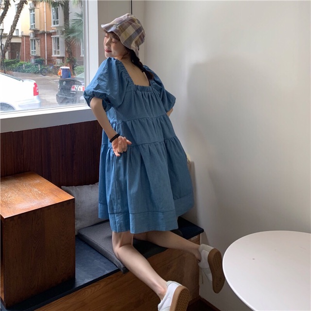 (Có sẵn) Đầm denim cổ vuông- tay phồng-ảnh thật- Hàng nhập (có size cho bạn 80kg) | BigBuy360 - bigbuy360.vn