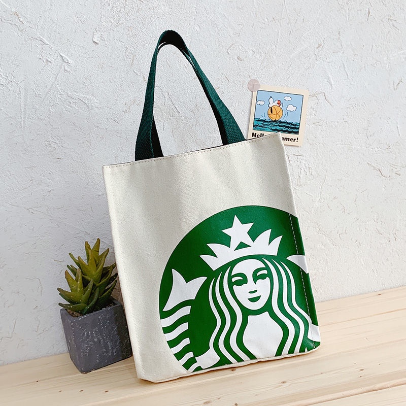 Túi Xách Vải Canvas Đựng Hộp Cơm Trưa In Họa Tiết Starbucks Xinh Xắn Tiện Dụng Cho Nữ