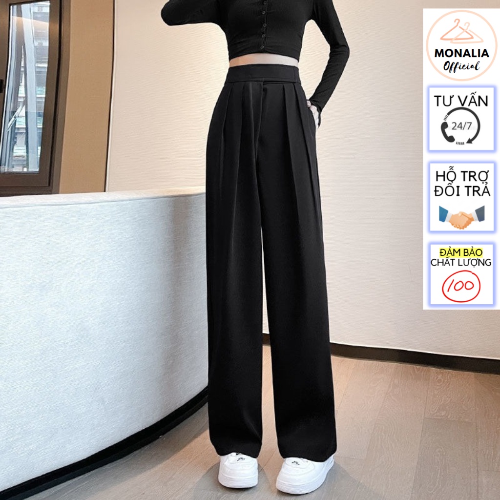 Quần ống rộng MONALIA lưng cạp cao ống suông vải nữ dài culottes xuông màu đen , nâu , xám