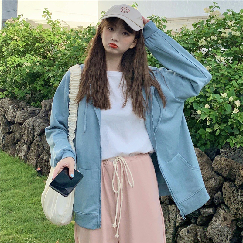 SUXI Áo Hoodie Tay Dài Dáng Rộng Màu Sắc Đơn Giản Cho Nữ