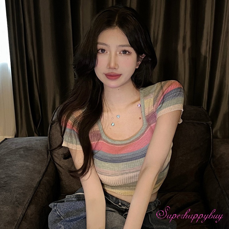 Áo Dệt Kim Ngắn Tay Cổ Vuông Ôm Dáng Họa Tiết Kẻ Sọc Nhiều Màu Sắc Cho Nữ