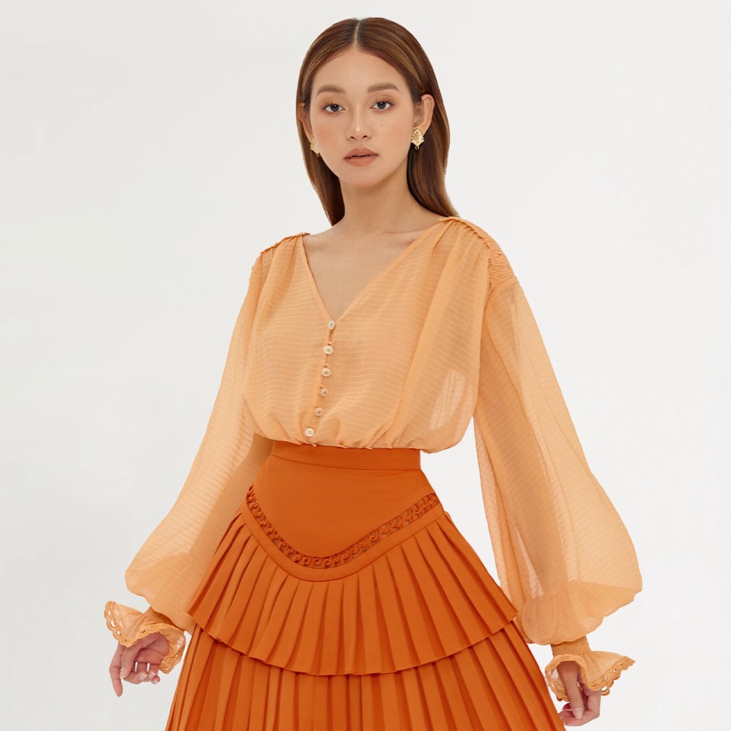 DEAR JOSÉ - Áo kiểu cổ V tay phồng dài Margarita vải organza cam đào