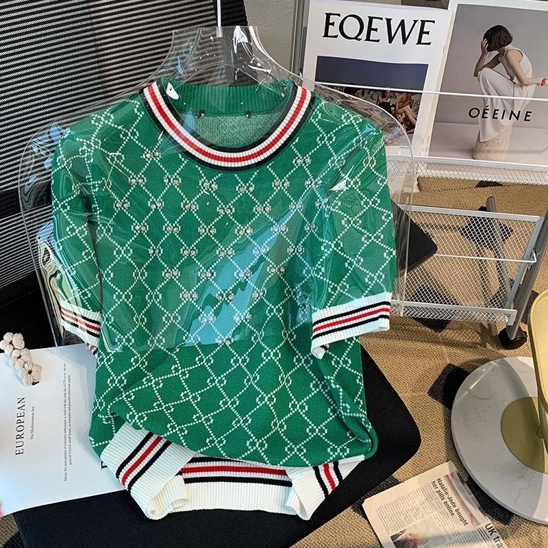 Ice silk knitwear high-grade T-shirt women's round neck diamond lattice heavy industry manual nail bead inlaid diamond European Short Sleeve summer