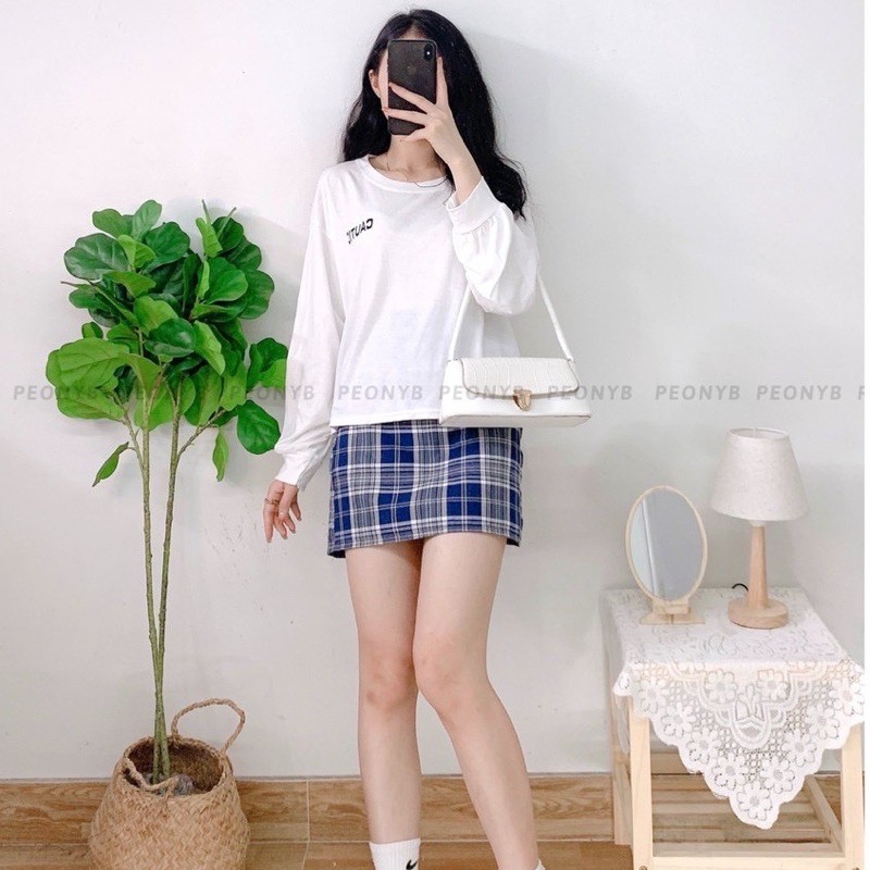 [Rẻ Vô Địch]Set Chân Váy Kẻ Caro Mix Kèm Áo Thun Dài Tay Bồng In Chữ Nhỏ Ulzzang( Có Sẵn, Ảnh Thật) | BigBuy360 - bigbuy360.vn