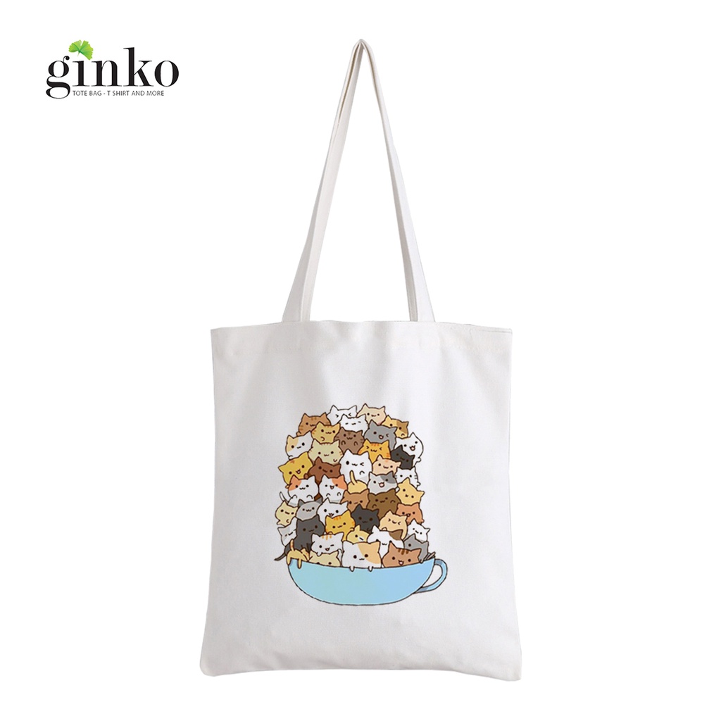 Túi Vải Tote GINKO Kiểu Basic dây kéo In Hình Kitten In The Cup G59