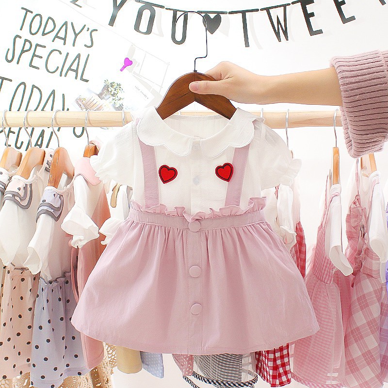 Đầm DUDUBABA cotton giả 2 lớp tay ngắn họa tiết trái tim thời trang mùa hè bé gái 0~3 tuổi