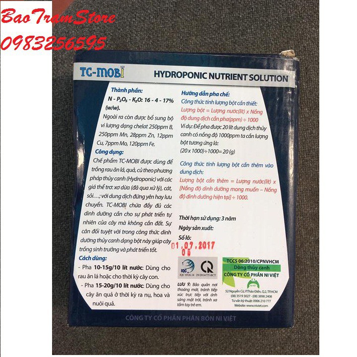 Phân phối Hộp dinh dưỡng thủy canh dạng bột TC-Mobi gói 500g hàng chính hãng, nhập khẩu và phân phối trực tiếp.