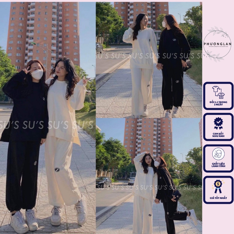 Set bộ 🌸 Set  quần áo dài tay quần suông 3 màu ĐEN TRẮNG XÁM form thụng style Hàn Quốc Ulzzang dành cho nữ PHULA