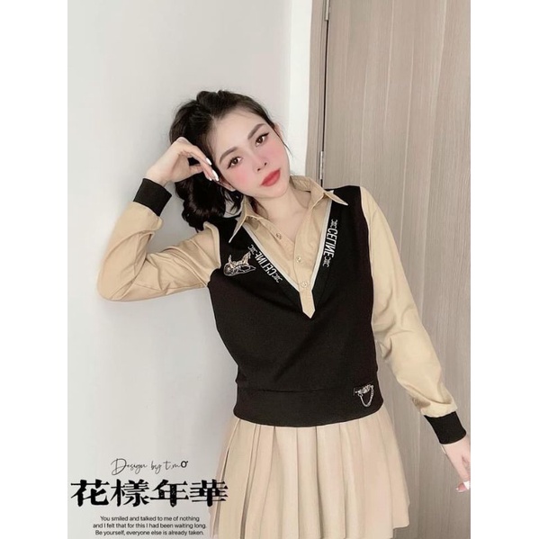 SET ÁO SƠ MI GHILE NGỰA MIX CHÂN VÁY XOÈ XẾP LY 2 MÀU