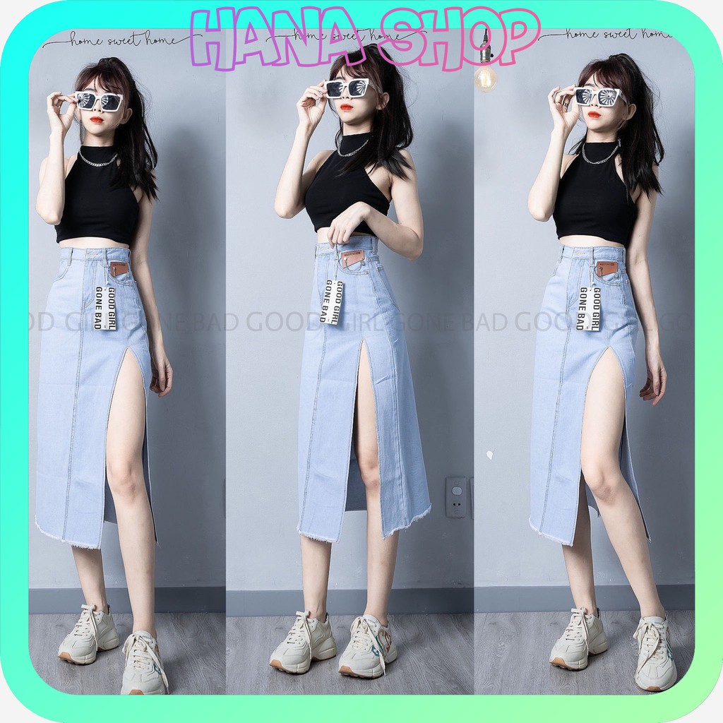Váy Jean Dài Nữ Xẻ Tà Lưng Cao Kiểu ULZZANG