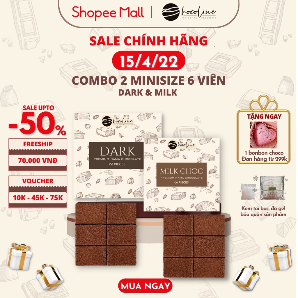 Socola Tươi Nama Nguyên Chất Chocoline Vị Dark &amp; Milk - Combo 2 hộp 6V ( 80 Gram)