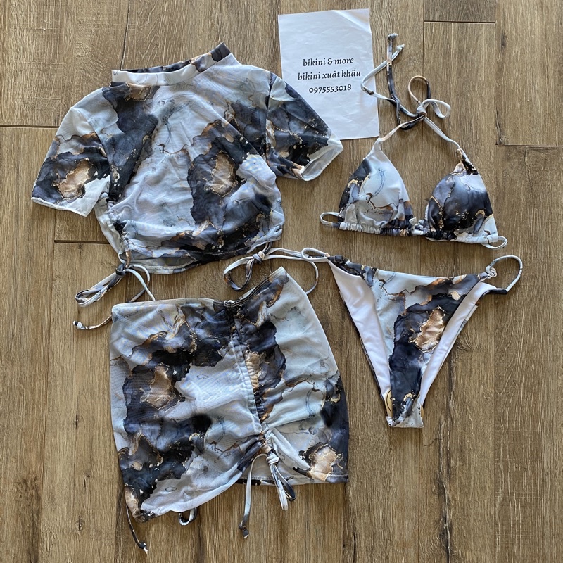 [BKN1419] &lt;ÂU&gt; SET BIKINI 4 MÓN ĐEN LOANG KÈM ÁO CROPTOP VÀ CHÂN VÁY RÚT HÔNG