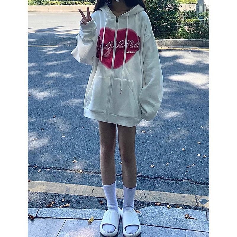 Áo Hoodie Mỏng Thêu Hình Trái Tim Phối Khóa Kéo Xinh Xắn Cho Nữ