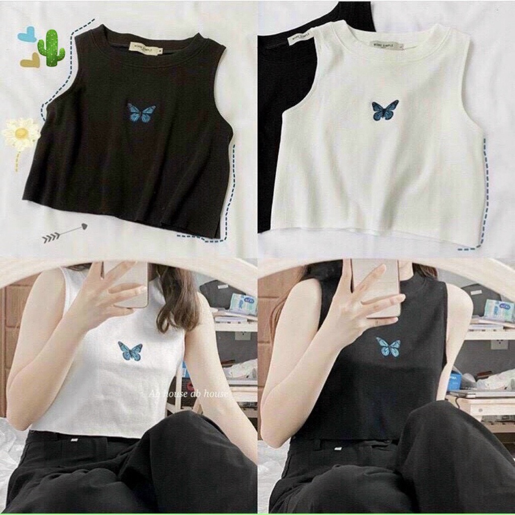 Áo croptop 3 lỗ thêu bướm thời trang dễ kết hợp chân váy quần cộc dễ thương TTPK0025