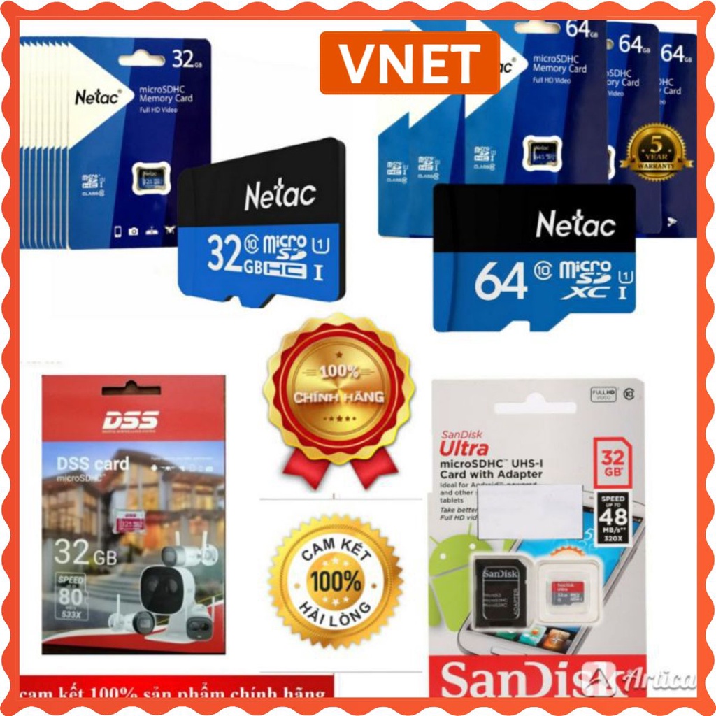Thẻ nhớ MicroSD 32GB 64GB 128GB DSS Imou Netac Sandisk Lexar tốc độ cao hàng cao cấp bảo hành 12 tháng VNET