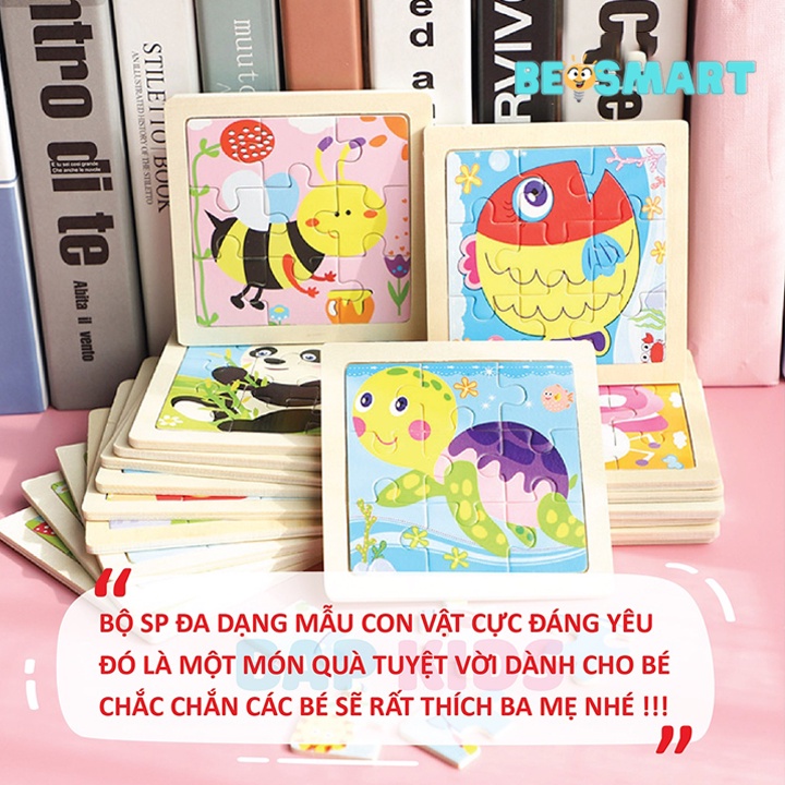 Đồ chơi xếp hình lắp ráp tranh ghép gỗ 9 mảnh hơn 20 mẫu ngộ nghĩnh size 14x14cm Beosmart
