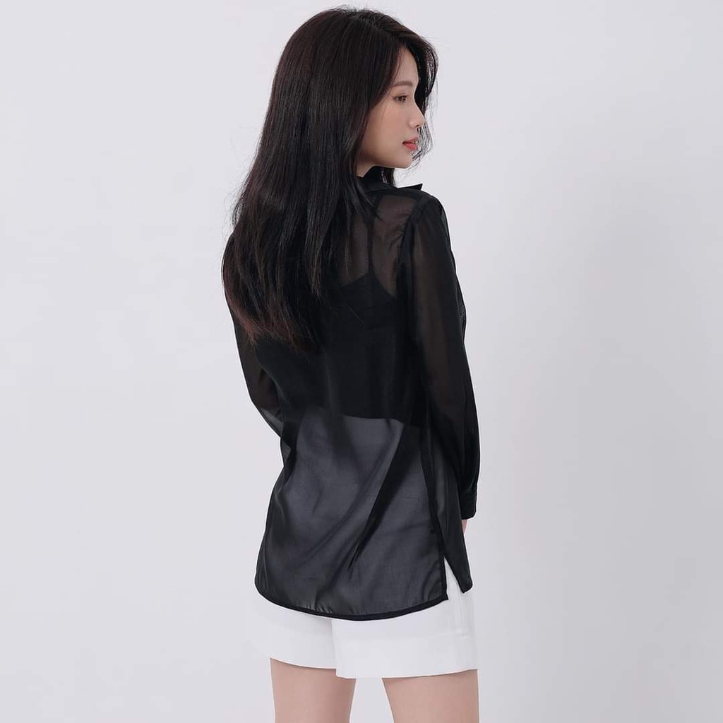 Áo sơ mi voan mỏng tay phồng, Sơ Mi Kiểu Tay Dài Hàn Quốc