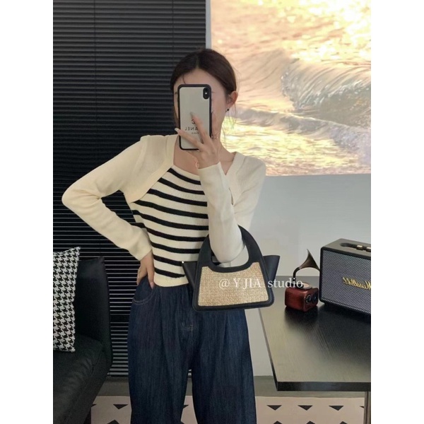 NZN Áo Len Tay Dài Cổ Vuông Giả Hai Lớp Họa Tiết Kẻ Sọc Màu Tương Phản Phong Cách retro Hàn Quốc Dành Cho Bạn Nữ