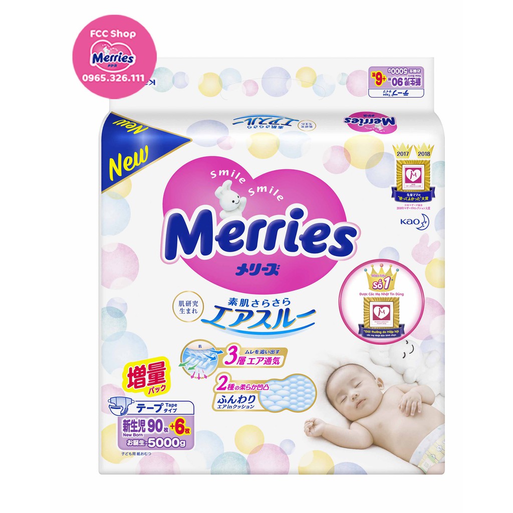 Bỉm Merries dán Newborn (NB90 + 6) cộng miếng (90 + 6 miếng cho bé <5kg hoặc từ 0-2 tháng tuổi)